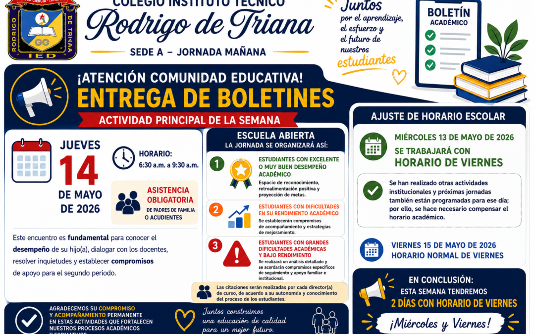 ENTREGA DE BOLETINES ACADÉMICOS PRIMER PERIODO  14 DE MAYO, CAMBIO DE HORARIO DE MIÉRCOLES 13 DE MAYO(HORARIO DE VIERNES).
